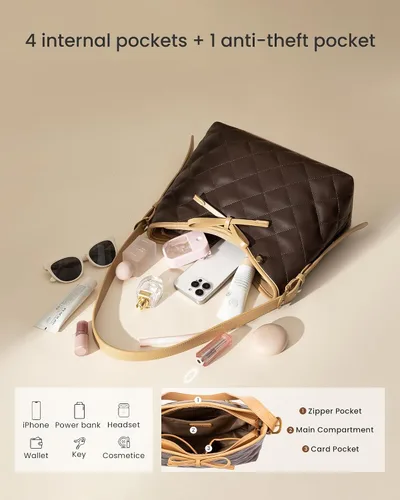 Vista 4 de LOVEVOOK - Carteras para mujer, bolsos de mano de cuero suave estilo hobo, bolso bandolera acolchado, bolso de diseñador tipo bucket