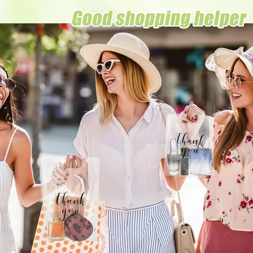 Vista 6 de Yeaqee 200 Piezas Bolsas Transparentes de Mercancía de Agradecimiento con Asas Troqueladas Bolsas de Compras de Plástico Reutilizables para Venta al