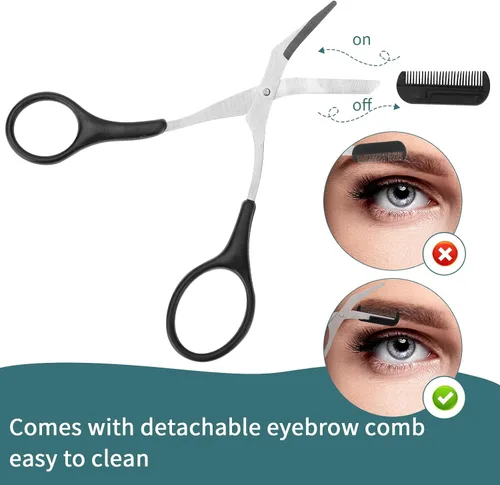 Vista 2 de KALIONE Tijeras profesionales para recortar cejas con peine, acero inoxidable, negro, ambidiestro, borde recto, 2 unidades, perfectas para hombres