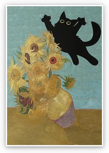 Vista 19 de Thcbme Arte de pared con diseño de gato, divertido diseño vintage de girasoles y gatos negros, póster retro para habitación, estética, sala