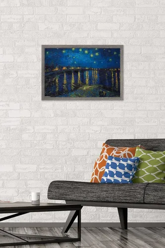 Vista 2 de Trends International Póster de pared de Vincent van Gogh, noche estrellada sobre el Ródano, 14.725 x 22.375 pulgadas, versión enmarcada de madera