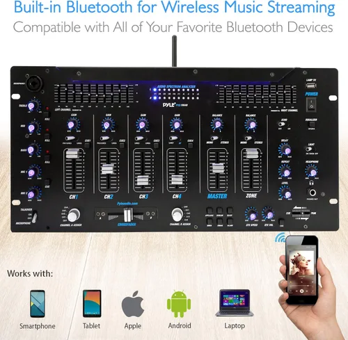 Vista 4 de Pyle Mezclador de 6 Canales, Controlador DJ Bluetooth, Mezclador Estéreo, Sistema de Sonido Profesional, Iluminación LED, Mezclador de Audio