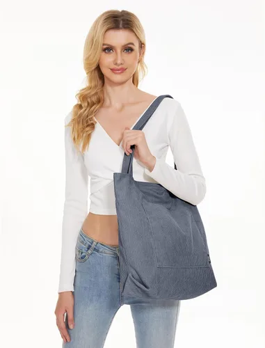Vista 7 de KALIDI Bolso de mano de pana para mujer, bolso de hombro grande con bolsillo con cremallera, bolso Hobo casual de gran capacidad, bolsa de trabajo