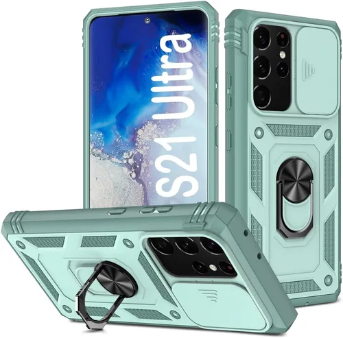 Vista 206 de PASNEW Funda militar para iPhone 13 Pro Max, cubierta de cámara deslizante y soporte de anillo de metal de 360°, carcasa rígida multicapa resistente