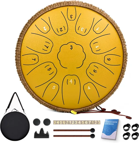 Vista 8 de Tambor de Lengua de Acero, 12 Pulgadas 15 Notas Tambores de Lengua, Tambores Handpan Instrumento de Percusión para Niños y Adultos, Tambor de Mano