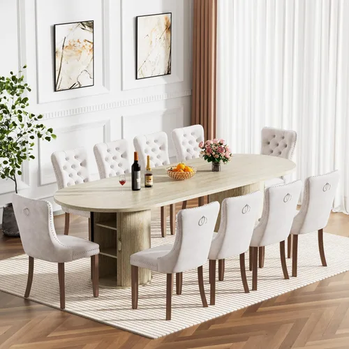 Vista 25 de Mesa de comedor redonda extensible de 94 pulgadas con base de almacenamiento, mesa de comedor expandible natural para 10, mesa de comedor de madera