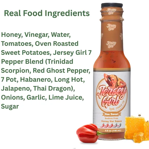Vista 4 de Jersey Girl (salsa picante de miel dulce de abeja) Scorpion & Ghost Pepper / Botella de 5 onzas/sin sodio/sin sal/paquete de 2