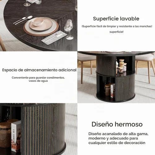 Vista 5 de Mesa de comedor redonda de 47 pulgadas para 4, mesa de comedor de cocina de granja con estante de almacenamiento de 2 capas y panel estriado