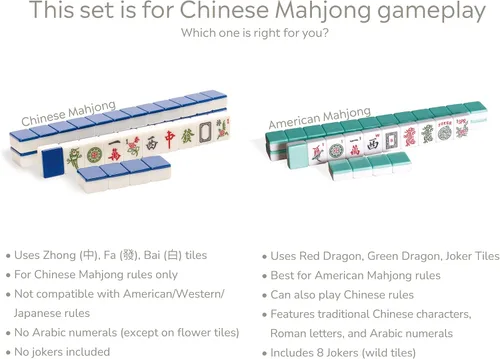 Vista 8 de Yellow Mountain Imports Juego de mahjong chino, "Azure Fortune" con 146 azulejos grandes, caja de aluminio, indicador de viento y dados, sin números