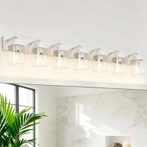 Vista 24 de Lámparas blancas para baño, 2 luces de baño, accesorios de iluminación sobre el espejo, diseño cuadrado y placa trasera grande rectangular