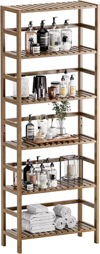 Vista 12 de HITNET Estantería de bambú, estantería abierta de 6 niveles con estantes ajustables, estante de almacenamiento de pie para sala de estar, baño, Negro