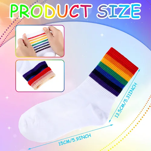Vista 3 de Bencailor 6 pares de calcetines deportivos de algodón a rayas, diseño de arco iris, calcetines tobilleros de algodón, casuales, multicolor, unisex