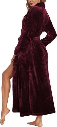 Vista 6 de Ekouaer Bata de forro polar para mujer bata larga de baño de felpa con cuello chal ropa de dormir de longitud completa con bolsillos
