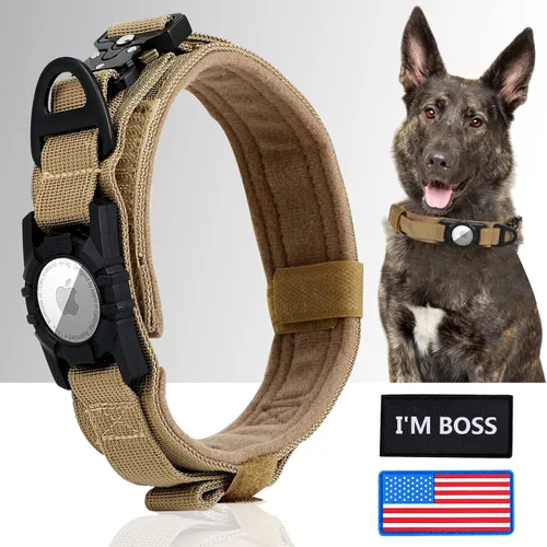 Vista 7 de AirTag - Collar táctico para perros grandes y medianos, collar de perro con asa, collar militar resistente con hebilla de metal para perros machos