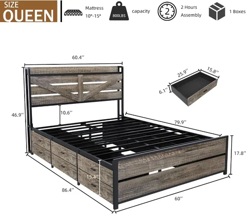 Vista 2 de Wood and Metal Bed Frame Queen Size, Platform Bed with 12 Storage Drawers Charging &Led Lights Headboard,Metal Slats,No Box Spring Needed,Noise-Free