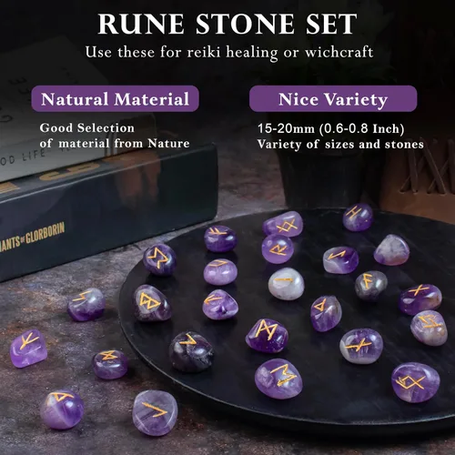 Vista 4 de Crocon Juego de 25 piedras preciosas de amatista con alfabeto de Futhark de saúco, símbolo grabado, juego de 25 piezas para Feng Shui, equilibrio