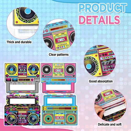 Vista 3 de 50 servilletas de radio Boombox de regreso a los años 80 y 90, decoraciones de fiesta retro en forma de boombox desechable servilleta de almuerzo