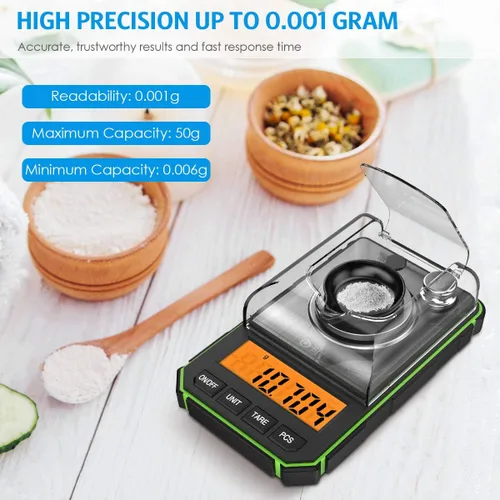 Vista 2 de Báscula digital de miligramo, mini báscula portátil de 1.76 oz, graduación precisa de 0.00 oz, báscula de bolsillo profesional con pinzas