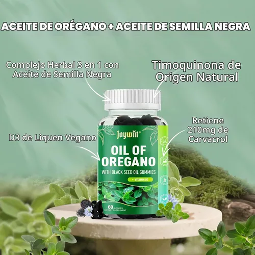 Vista 2 de Aceite de orégano 300 mg Semilla Negra D3 Gummies Apoyo Inmune 60ct