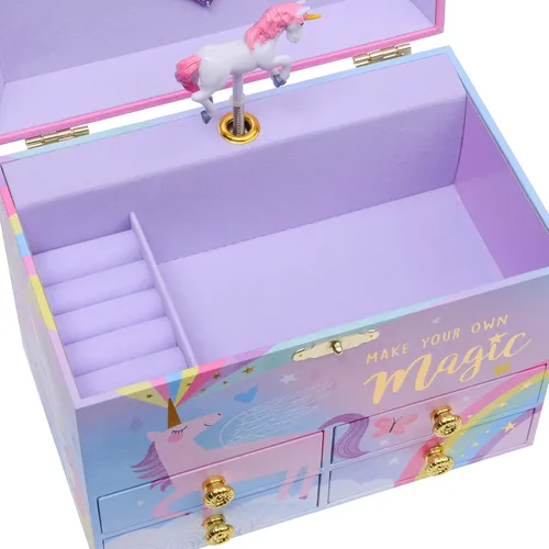 Vista 6 de Jewelkeeper Cotton Candy Unicorn - Caja de almacenamiento musical grande para joyas con 4 cajones extraíbles, joyero musical para niña, hermoso tono