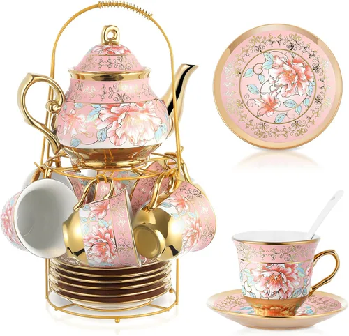 Vista 16 de Zhehao Juego de té de porcelana de 20 piezas con soporte de metal y cuchara para adultos, juego de té de cerámica para adultos, pintura de flores