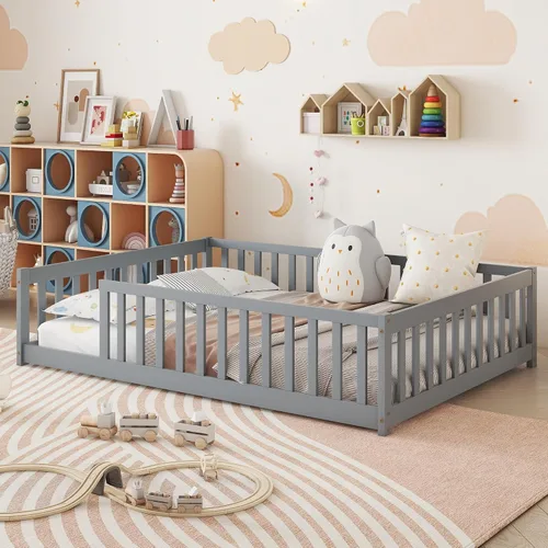 Vista 17 de Twin Size Floor Bed with Slats and Guardrails, Wood Floor Bed, Espresso