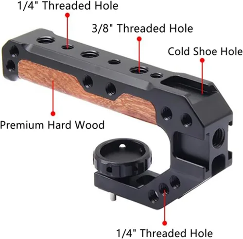 Vista 4 de Mango superior de madera para cámara con pasadores de localización de 3/8"-16, mango superior de madera con zapatos fríos compatible con interfaz