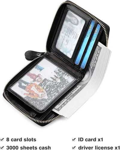 Vista 3 de Carteras RFID para mujer, de piel auténtica, con cremallera, seguras, de gran capacidad, multitarjeta, embrague, coloridas carteras de viaje, Negro