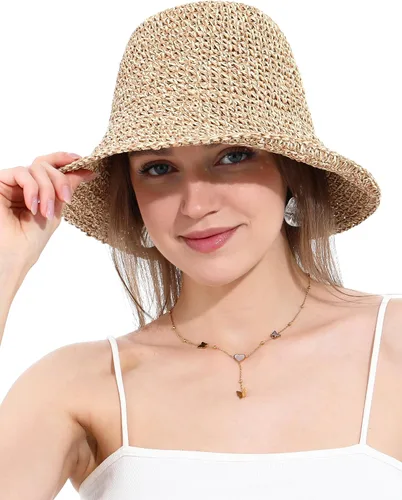 Vista 5 de Sombrero de sol para mujer, hecho a mano, cubo de paja de ganchillo para verano, plegable, gorra de viaje Beige y café