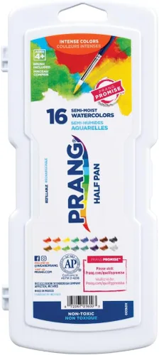 Vista 2 de Prang Pintura de acuarela semihúmeda no tóxica sin cera, media bandeja rectangular de plástico, 16 colores surtidos Pincel de pintura recargable