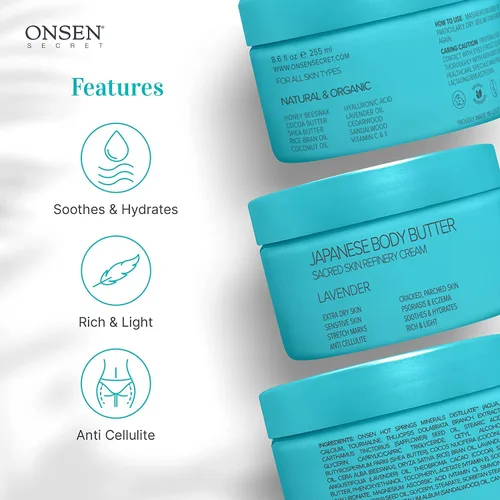 Vista 3 de Onsen - Mantequilla corporal japonesa para mujer, crema de refinería de la piel, manteca de karité natural y orgánica, exfoliante hidratante