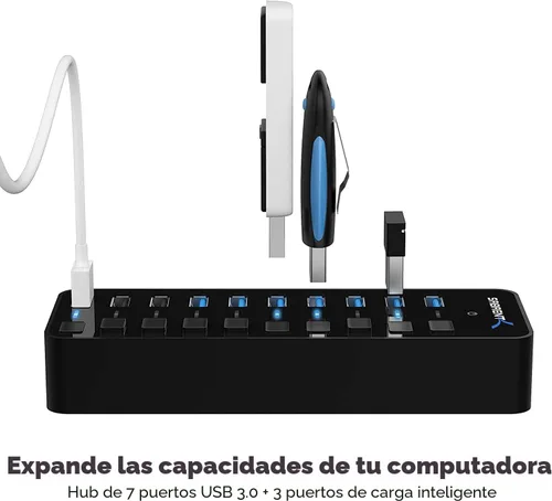 Vista 7 de SABRENT Hub USB 3.0 alimentado de 10 puertos, 3 puertos de carga, 60 W