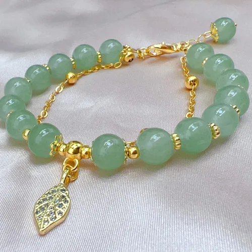 Vista 8 de CJIAYUJEW Hotan - Pulsera de hoja de jade natural de 2 capas de nefrita verde para mujer, diseño de cuentas redondas con dije de hoja de circón