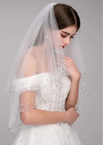 Vista 3 de malishow 2 niveles velo de novia lentejuelas con cuentas borde perla Bling velos de novia