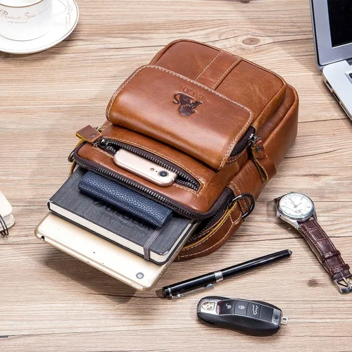 Vista 2 de BAIGIO Bolso de hombro de cuero para hombre, bolsa de mensajero, bolso cruzado, bolso para hombre, bolso tipo bandolera para viajes de negocios