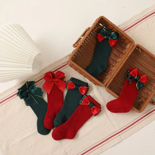 Vista 5 de Rarjuiey 2 pares de calcetines de Navidad para bebés y niñas pequeñas, medias de lazo alto hasta la rodilla, calcetines de algodón para recién