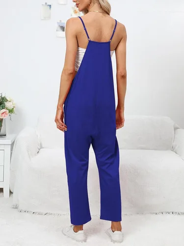 Vista 4 de DEEP SELF Overol suelto casual con cuello en V para mujer, sin mangas, tirantes delgados ajustables, pantalones largos harén, overoles con bolsillos