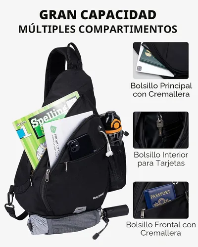 Vista 3 de WATERFLY - Mochila casual tipo bandolera, para llevar en el pecho, Negro, talla única 18L, Water resistant hiking daypack, 7 pockets for 13