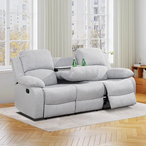 Vista 25 de Sofá reclinable manual, sofá reclinable con portavasos de 3 asientos, sofá de 3 asientos con mesa auxiliar desplegable para sala de estar, oficina