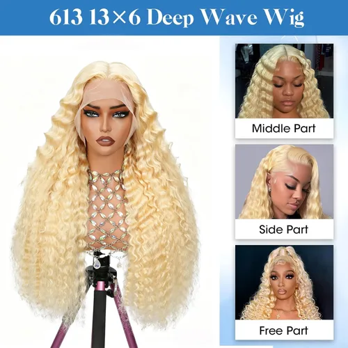 Vista 6 de Peluca de cabello humano rubio 613 con ondas profundas, peluca de encaje frontal de 13 x 6 pulgadas, 180 % de densidad, sin pegamento, predepilada