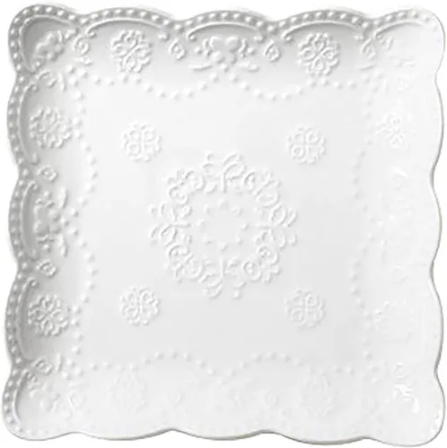 Vista 8 de Eplze YBK Tech - Elegante plato cuadrado de encaje en relieve, plato de postre de porcelana de hueso para desayuno o té de la tarde