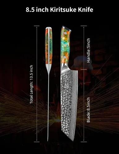 Vista 5 de Cuchillo Kiritsuke de 8.5" - Cuchillo de chef profesional de cocina - Acero damasquino martillado y mango de resina - Serie YAO
