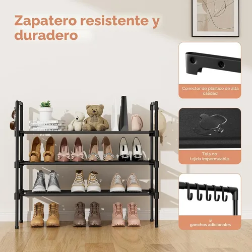 Vista 4 de LANTEFUL Zapatero de 3 niveles para armario, organizador de zapatos con 5 ganchos, estante largo para zapatos deportivos y botas, estante apilable