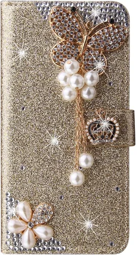 Vista 9 de XYX Funda tipo cartera para Samsung Galaxy A32 5G, Bling Glitter Crown Butterfly Diamond Flip Card Slot Luxury Girl Women Phone Cover - Negro