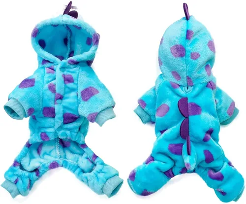 Vista 4 de Disfraz de dinosaurio para perros pequeños y gatos, suéter con capucha para perros para clima frío, pijamas para perros para Navidad y Halloween