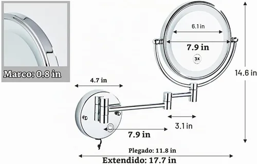 Vista 7 de Espejo de maquillaje LED con luces y aumento de 10x, espejo de tocador montado en la pared, redondo, de doble cara, con brazo extensible giratorio
