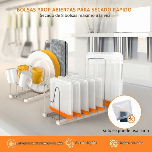 Vista 5 de Estante de secado de bolsas reutilizable, estante de secado de bolsas de silicona, estante de secadora para galón Ziplock, aperitivos, bolsas