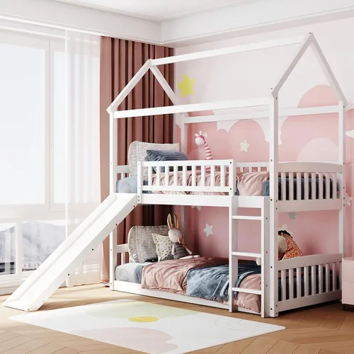 Vista 5 de Harper & Bright Designs Literas de casa para niños con tobogán, marco de litera de madera individual sobre cama individual con escalera