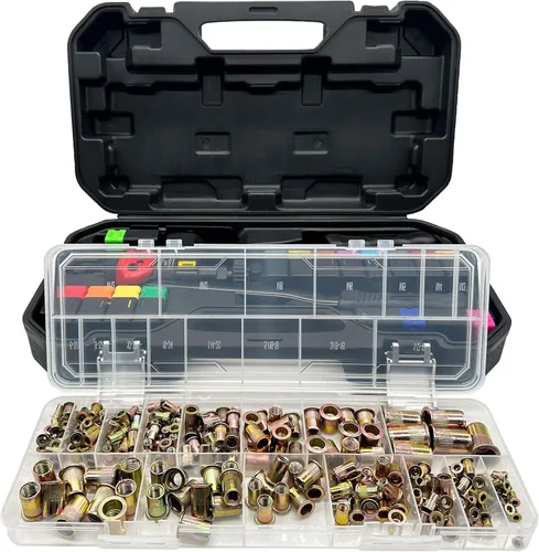 Vista 3 de Kit de tuercas remachadoras de 16 pulgadas, con 15 mandriles métricos y SAE, 236 tuercas de remache surtidas y funda de transporte resistente