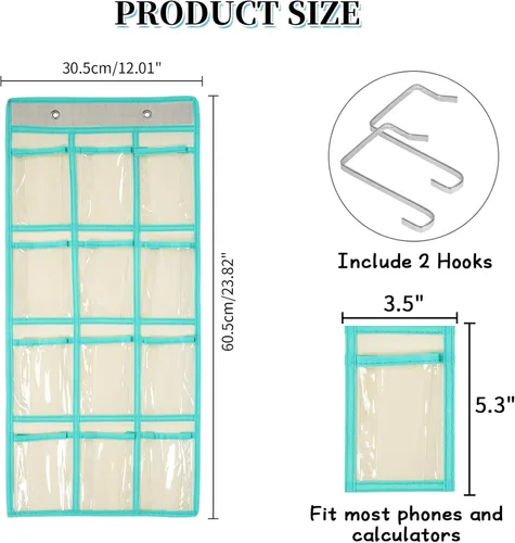 Vista 2 de Organizador para colgar sobre la puerta, para el aula, para colgar en la pared, puerta, armario, bolsa de almacenamiento de tela duradera, 12 Beige